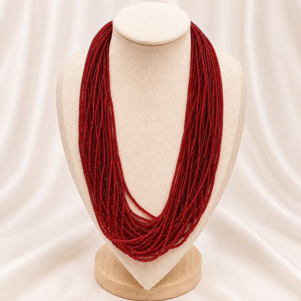 Red Multistrand Seed Bead Statement Necklace 20 Inch N649 - Picture 3 of 4